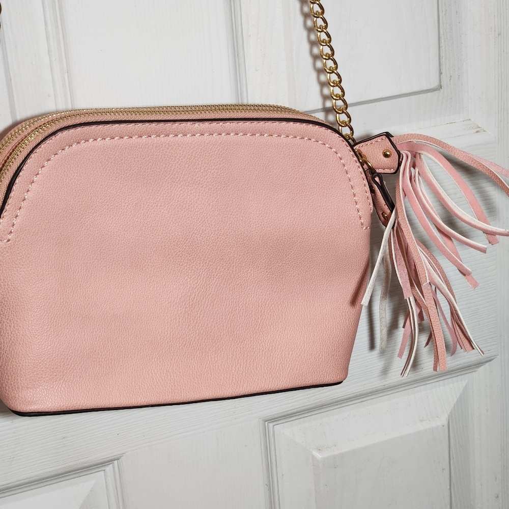Designer Pink Faux Leather Adjustable Crossbody Strap Fringe Accents Pocketbook